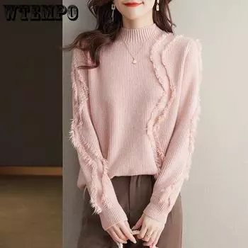 Half High Neck Solid Color Tassel Pullover Knitted Sweater for Women s Autumn and Winter Loose Pullover Sweater S бежевый