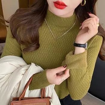 Half High Neck Solid Fleece Autumn Knitted Sweater Women Long Sleeve Thick Velvet Winter Sweaters Women Elegant Slim Warm Casual Velvet Jumper 25616 One Size белый