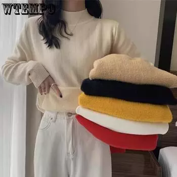 Half High Neck Sweater Women s Loose One-piece Velvet Pullover Long Sleeved Casual Warm Knit Sweater with Thick Solid Color Sweater Autumn and Winter S белый
