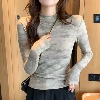 Женская камуфляжная футболка с полувысоким воротом, осенняя женская облегающая футболка с длинными рукавами M чёрный