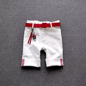 Half Length European Goods Slim Fit Slim Looking Flanging Letter Jeans White trousers with red letters (belt pendant) XS