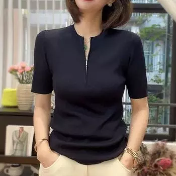 Half-Open Zipper Design Shoulder Slim Fit Bottoming Top Women s Clothing Summer 2025 New Arrival Classy Mid-Sleeve Sweater Thin Tibetan Blue 3XL