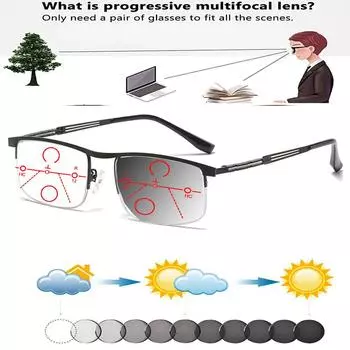 Фотохромные прогрессивные мультифокальные солнцезащитные очки для чтения в полуоправе, прямоугольные удобные очки для чтения в стиле ретро от +0,75 до +4 +0.75 чёрный