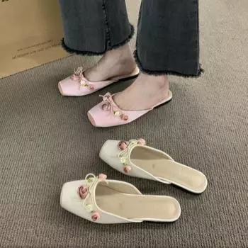 Half slippers 2024 new flat-bottomed bag head slippers fairy style single shoes wearing sandals pink Muller women s shoes 35 розовый