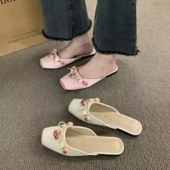 Half slippers girl spring 2024 new flat-bottomed bag head fairy style single shoes wearing sandals pink muller women s shoes 35 абрикосовый
