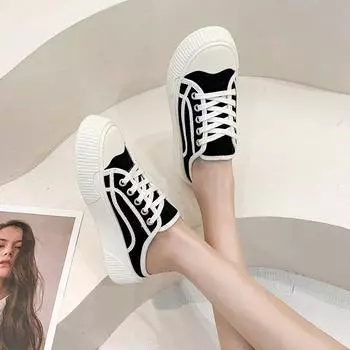 Half slippers women s 2025 summer new Korean version of versatile canvas shoes student bag head without heel lazy shoes one pedal 35 чёрный