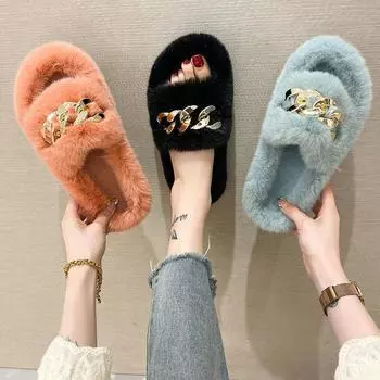 Half slippers women s autumn and winter wear 2025 new Internet celebrity metal fashion office home hair slippers 35 жёлтый