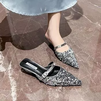 Half tray single shoes fairy shoes wear 2024 new spring and autumn French thick heel temperament sequined bag head half slippers 35