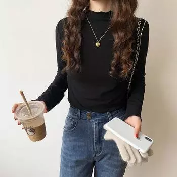 Half turtleneck bottom shirt female black inside Modal long-sleeved T-shirt new spring and autumn 100 with curly edge top S