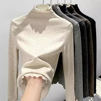 Half Turtleneck Bottom Shirt with Wooden Ears for Women In Autumn and Winter with Slim Lace Knit Top M