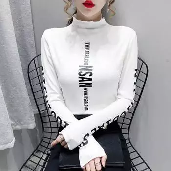 Футболка с полуводолазкой, женская осенняя, с длинными рукавами, большого размера, облегающий топ с буквенным принтом XL белый