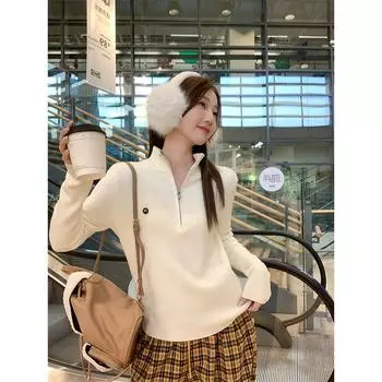 Half turtleneck one-piece velvet thickened warm half-zip knitted bottoming shirt top for women in autumn and winter with long-sleeved sweater One Size