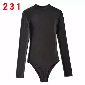 Half Turtleneck Silm One-Piece Long Sleeves Women s T-shirt Fall and Winter New Fashion Crotch One-Piece Stretch Silm Pure Color Tops Black S