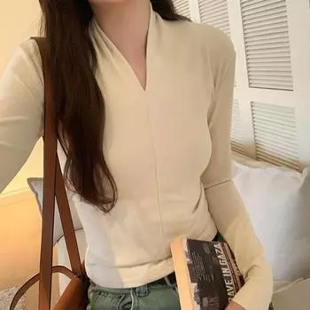 Футболка с длинными рукавами и V-образным вырезом, облегающая, с полуворотником, для женщин, осенняя, новая, однотонная, нижняя рубашка S