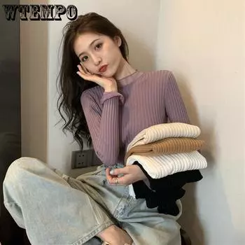 Свитер с полуворотом, женский однотонный, тонкий, с оборками по краю, вязаный свитер, сексуальный кружевной вязаный пуловер, осенне-зимний тонкий джемпер One Size чёрный