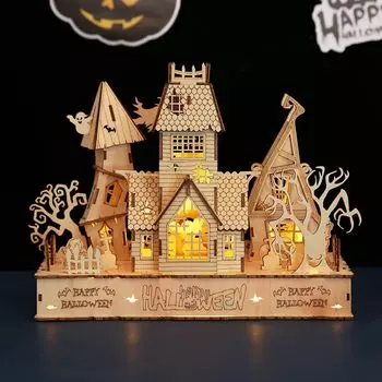 Hallisun 3D деревянная головоломка DIY Halloween House со светодиодной подсветкой Модель Сборочный комплект 3D головоломка Головоломка Хобби Игра Игрушки для взрослых 14 лет DIY Craft