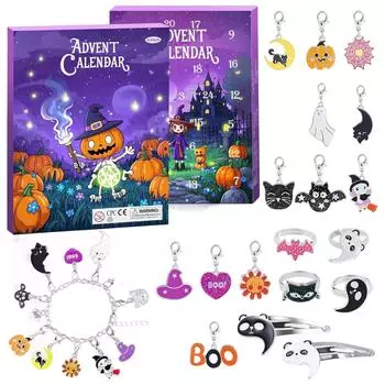 Хэллоуин Адвент-календарь 2025 для девочек и мальчиков с 24 днями уникального подарка, обратный отсчет, календарь, жуткий замок, сделай сам, креативный шарм, подвеска, браслет One Size