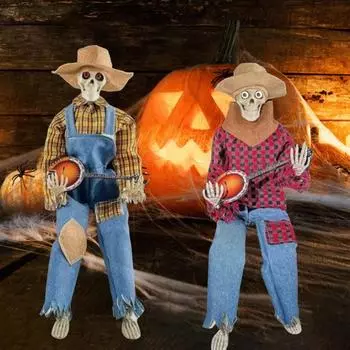 Хэллоуин Анимированный скелет банджо Жуткий скелет, играющий на банджо Статуя Активировать музыку Многоязычный скелет Хэллоуин Осеннее украшение интерьера With Light жёлтый