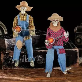 Хэллоуин Анимированный скелет банджо Жуткий скелет, играющий на банджо Статуя Активировать музыку Многоязычный скелет Хэллоуин Осень With Light красный