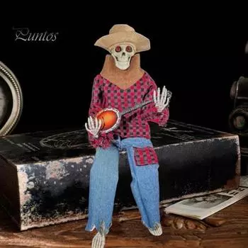 Хэллоуин Анимированный скелет банджо Жуткий скелет, играющий на банджо Статуя Активировать музыку Многоязычный скелет Хэллоуин Осеннее украшение интерьера With Light красный