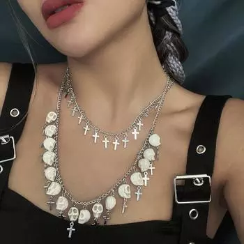 Хэллоуин Череп Крест Темный Панк Винтаж Готический Евро-Американский Двойной Свитер Цепь Ожерелье белый