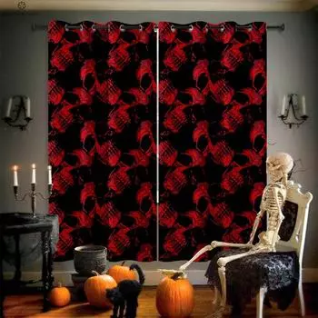 Хэллоуин Череп Паутина 3D Печатная Плотная Штора, Теплоизоляция, Подходит для Украшения Спальни и Столовой W100xH130(CM) folio&Grommet Top