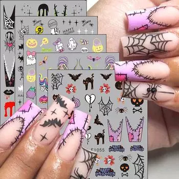 Хэллоуин Череп Тыква Наклейки для ногтей Черный кот Призрак Паук Паутина Дизайн ногтей Наклейки Маникюр Украшения F1054