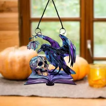 Хэллоуин Череп Ворона Подвесное украшение для дома, офиса, интерьера, улицы, настенное искусство, акриловая жуткая черная птица, подвесное украшение, кулон, праздничный подарок 15cm