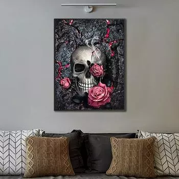 Хэллоуин Цветок Сахарный Череп Холст Картина Искусство Мексиканский День Мертвых Ужас Смерть Скелет Декор для дома 20X30cm