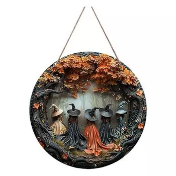 Хэллоуин Деревянное Украшение-Подвеска Ведьма, 5 Ведьм Изысканная Круглая Подвеска для Подвешивания на Крыльцо, Стену One Size
