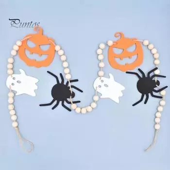 Хэллоуин деревянные бусины гирлянда призрак паук тыква подвесное украшение баннер из бисера для фермерского дома осенние вечеринки комната дисплей A