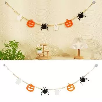 Хэллоуин деревянные бусины гирлянда призрак паук тыква подвесное украшение баннер из бисера для фермерского дома осенние вечеринки комната дисплей