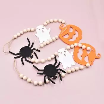 Хэллоуин Деревянные бусины Гирлянда Призрак Паук Тыква Подвесное украшение Бисерный баннер для фермерского дома Осень