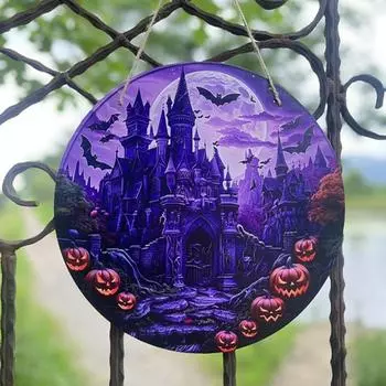 Хэллоуин Деревянный Венок Знак Винтаж Кот Ворон Замок Патио Ужасы Арт Деко Осенний Венок Знак Домашний Сад Патио Окно Украшения 30x30x0.5cm