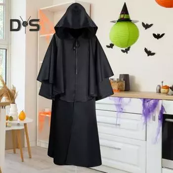 Хэллоуин Детский плащ для косплея Средневековый Бог Смерти Связывание с капюшоном Свободная полная длина Чистый цвет Унисекс Сценическое шоу Накидка ведьмы XXL чёрный