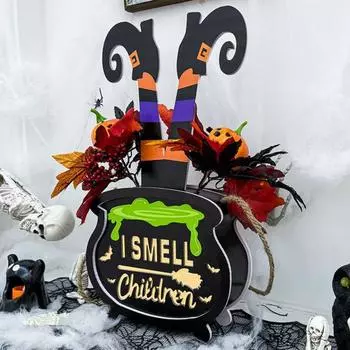 Хэллоуин Фокус-покус Дверной Знак Деревянная Нога Ведьмы Тыква Подвесной Знак Добро Пожаловать Дверной Венок Для Украшения Входной Двери На Хэллоуин чёрный