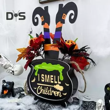 Хэллоуин Фокус-покус Дверной Знак Деревянная Нога Ведьмы Тыква Подвесной Знак Добро Пожаловать Дверной Венок Для Украшения Входной Двери На Хэллоуин чёрный