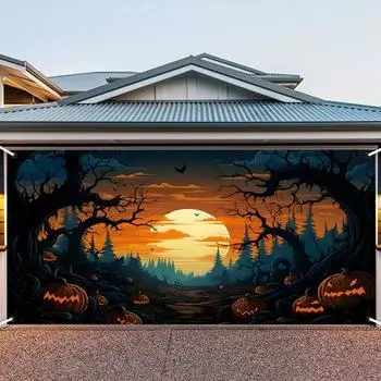 Хэллоуин Гараж Приятель Дверь Крышка Луна Ведьма Летучая мышь Замок Гараж Дверь Баннер Фон S