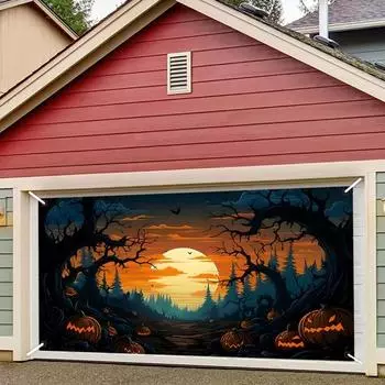 Хэллоуин Гараж Приятель Дверь Крышка Луна Ведьма Летучая мышь Замок Гараж Дверь Баннер Фон S