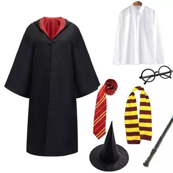 Хэллоуин Гарри Поттер Косплей Взрослая магия 7 предметов Школьный день рождения Культурная выставка путешествий [DERAYEE] Одежда, халат, очки, галстук, шарф, палочка, красный