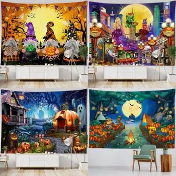 Хэллоуин Гобелен Настенный Эстетический Декор Комнаты Тыква Фонарь Праздничный Дом Хиппи Колдовство Гобелен Украшение Спальни 100x75cm