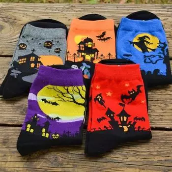 Хэллоуин Харадзюку Характерные носки для пар Забавная летучая мышь Тыква Фонарь Волшебник Призрачный принт Мужские женские средние носки-трубы красный