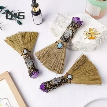 Хэллоуин Искусственный Аметист Фигурка Метлы Ручной Работы Исцеляющий Камень Поддельный Кристалл Мини-Веник Ведьмы Украшение Орнамент Фестиваль Подарок фиолетовый