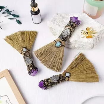 Хэллоуин Искусственный Аметист Фигурка Метлы Ручной Работы Исцеляющий Камень Поддельный Кристалл Мини-Веник Ведьмы Украшение Орнамент Фестиваль Подарок