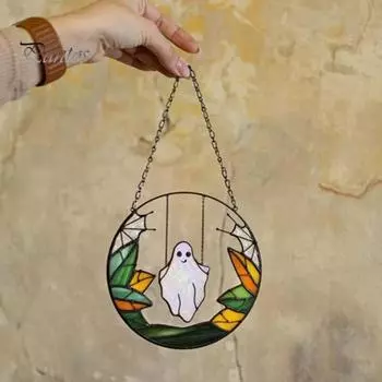 Хэллоуин Качели Призрак Подвесное Украшение Домашний Офис Внутреннее Уличное Акриловое Витражное Стекло Мультфильм Призрак Настенное Окно Подвесное Украшение Ловец Солнца разноцветный