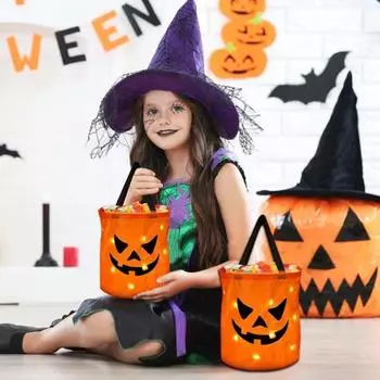 Хэллоуин конфетный мешок светодиодный светильник тыква ведро угощение или трюк конфетный мешок многоразовый A