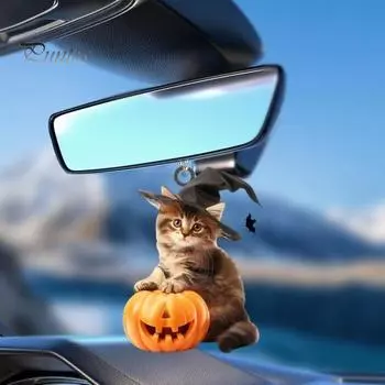 Хэллоуин Кошка Автомобильные аксессуары Подвеска Ведьмина шляпа Дизайн Кошка Тыква Подвеска Украшение Зеркало заднего вида автомобиля Декор A