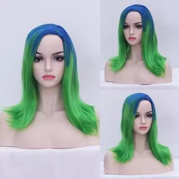 Хэллоуин Косплей Европейский Американский Стиль Леди, Косая Средняя Точка Большой Скальп Темно-Синий Постепенный Переход Зеленый Короткие Волосы Шаль Голова Химическое Волокно