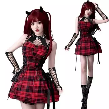 Хэллоуин Косплей Готический Панк Цельный Красный Клетчатый Кружева Мини Длина Готическая Лолита JSK Без Рукавов Лоли Милое Платье Косплей Лолита Сцена Фотографии красный