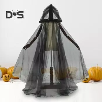 Хэллоуин косплей плащ призрак сетки с капюшоном на шнурке плиссированные длиной до пола готические средневековые накидки костюмы карнавальное пальто M чёрный